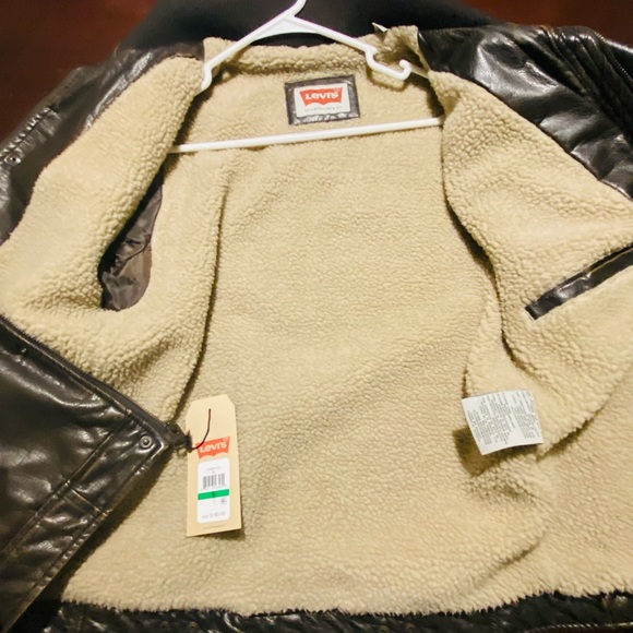 New mens Levi's Brown Sherpa Lined zip button Bomber Coat Jacket Size Large - Picture 9 of 15
